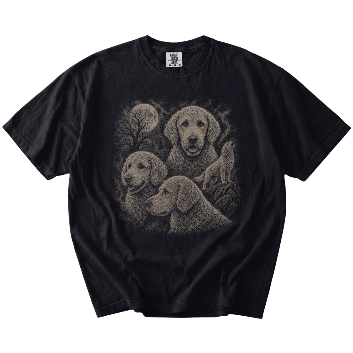 Vintage moon montage featuring Goldendoodle on a Black Comfort Colors® T-shirt