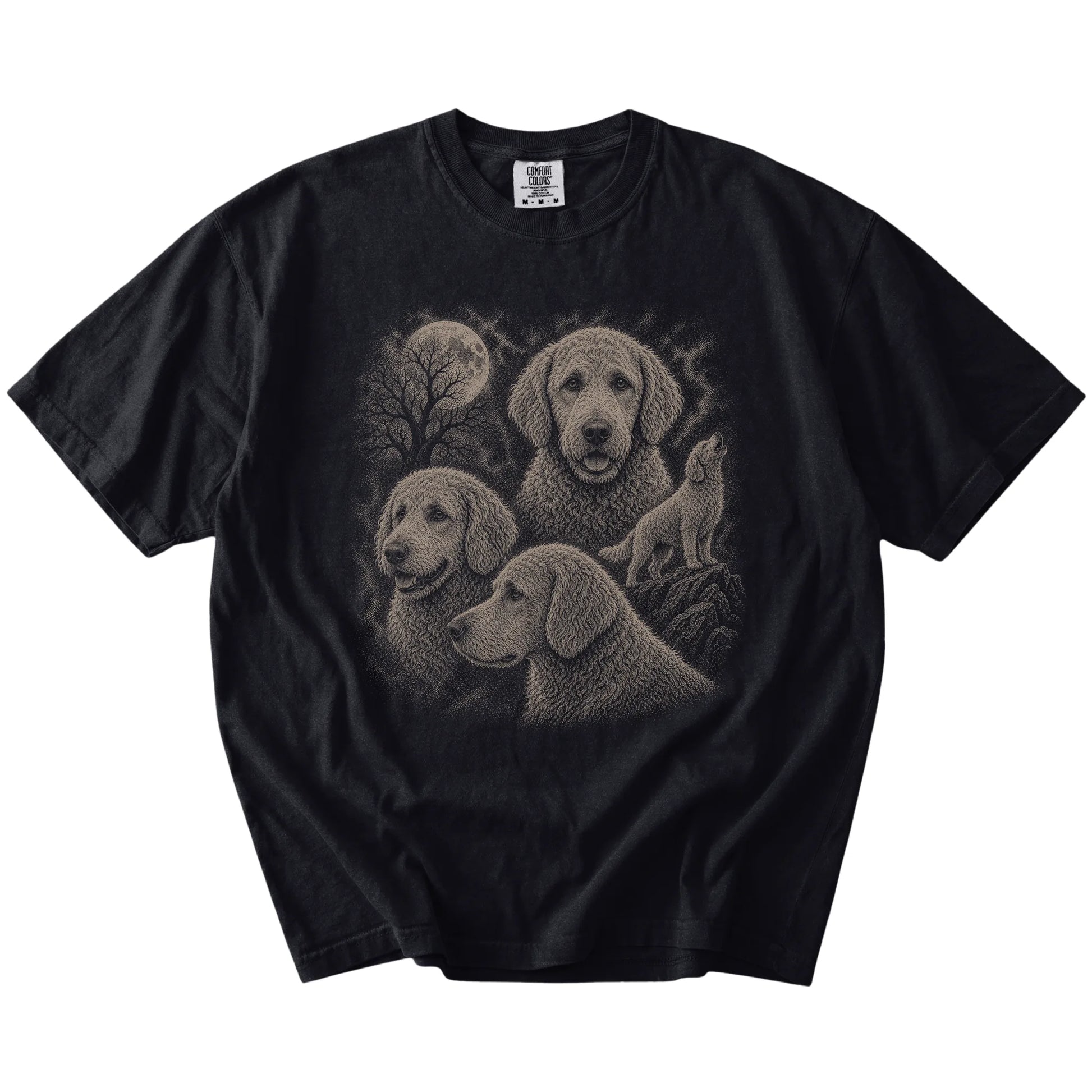 Vintage moon montage featuring Goldendoodle on a Black Comfort Colors® T-shirt