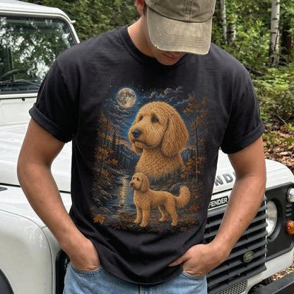 Model wearing a black T-shirt with Goldendoodle Autumn Moon artwork.