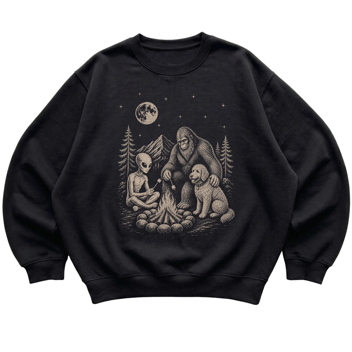 Black Goldendoodle Camping with Bigfoot and Alien shirt laid flat