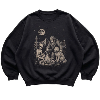 Black Goldendoodle Camping with Bigfoot and Alien shirt laid flat