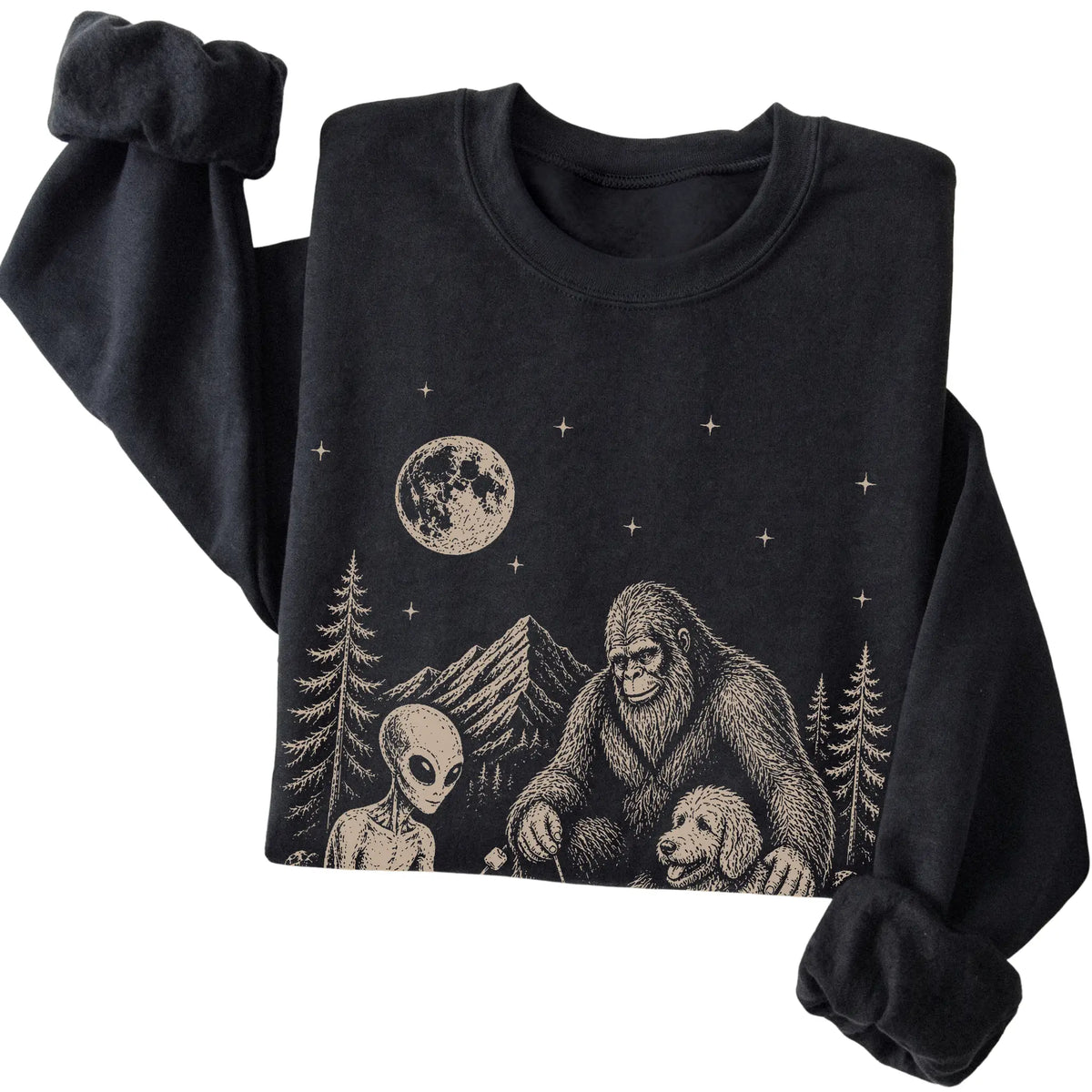 Black Goldendoodle Camping with Bigfoot and Alien folded detail view