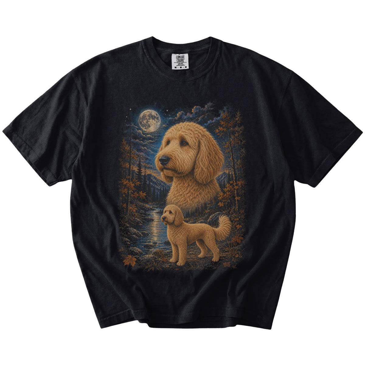 Goldendoodle in a moonlit fall forest scene on a Black Comfort Colors® t-shirt