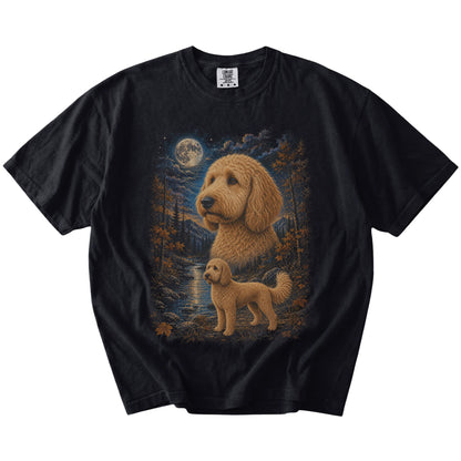 Goldendoodle in a moonlit fall forest scene on a Black Comfort Colors® t-shirt