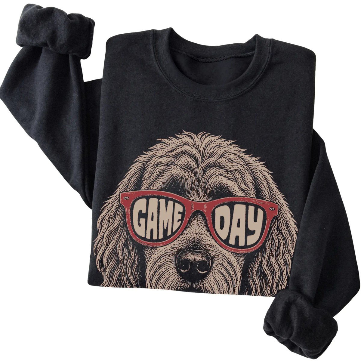 Black Goldendoodle Game Day Sunglasses sweatshirt, folded