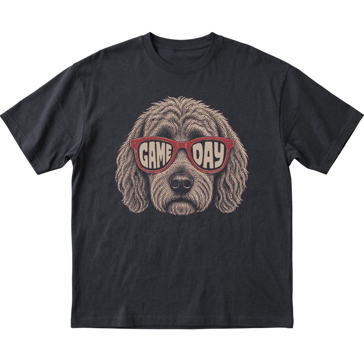 Black Goldendoodle Game Day Sunglasses T-shirt, laid flat