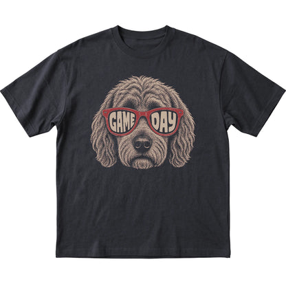 Black Goldendoodle Game Day Sunglasses T-shirt, laid flat