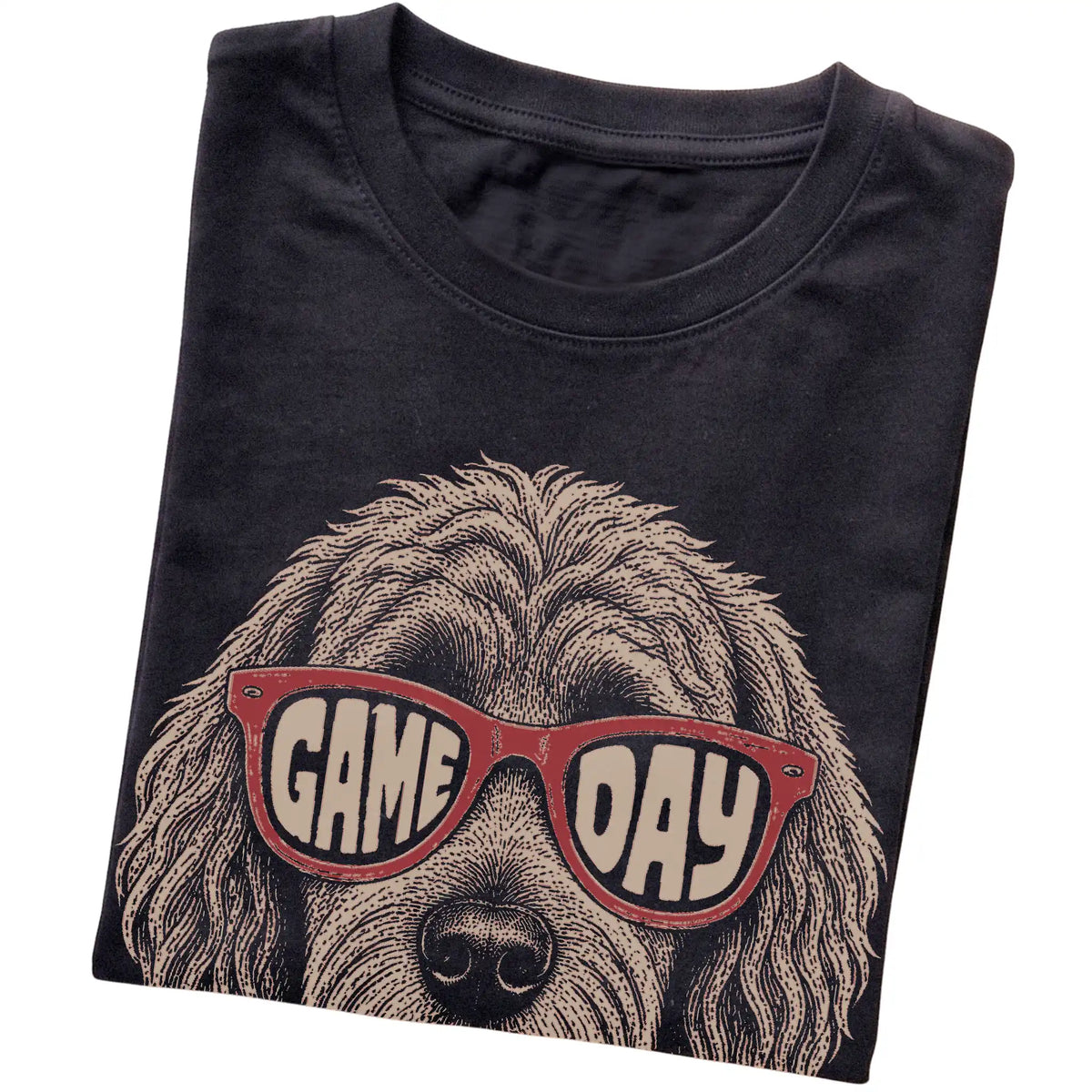 Black Goldendoodle Game Day Sunglasses T-shirt, folded