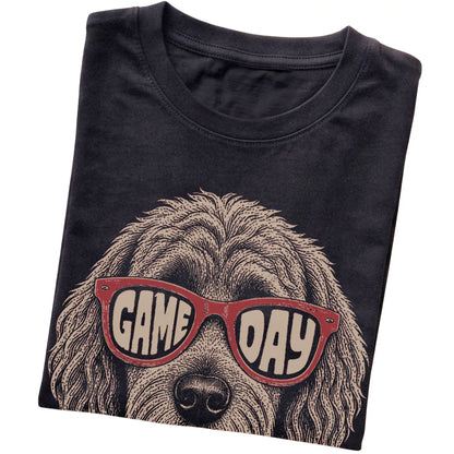 Black Goldendoodle Game Day Sunglasses T-shirt, folded