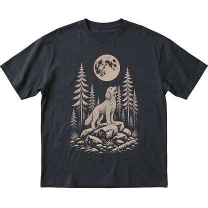 Close view of Goldendoodle Howling at the Moon artwork on Black softstyle T-shirt
