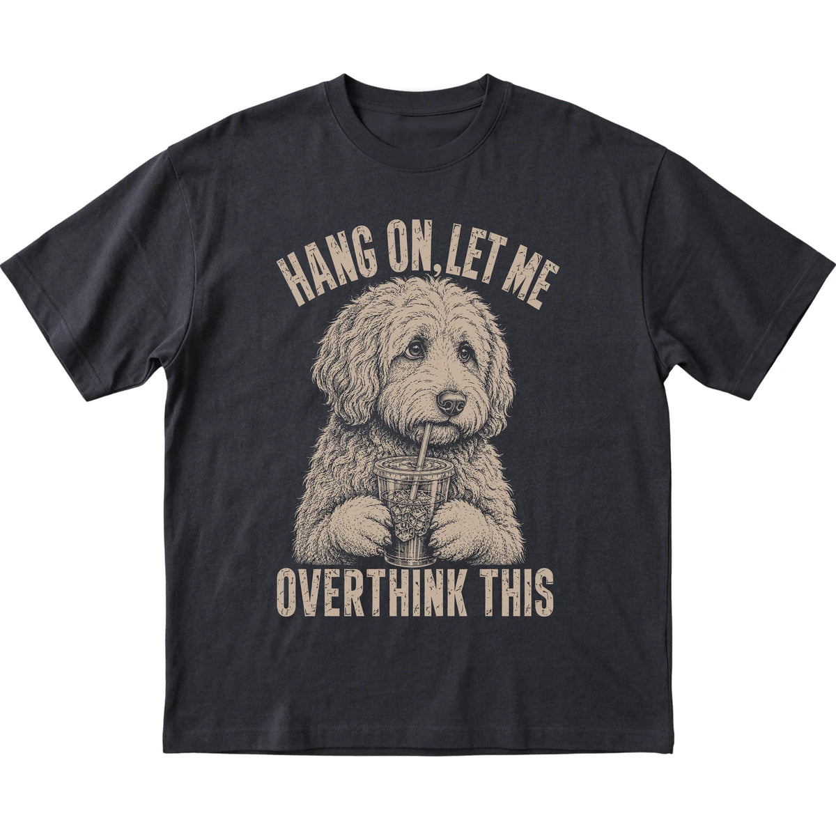 Black T-shirt featuring Overthinking Goldendoodle, laid-flat presentation