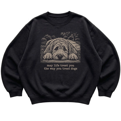 Goldendoodle Karma crewneck sweatshirt in Black — Flat Lay