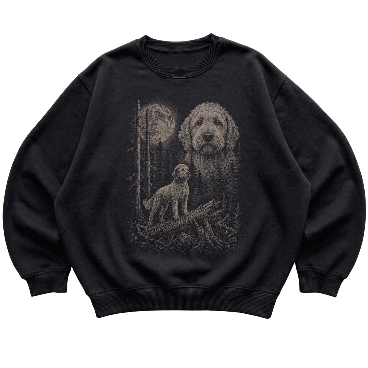 Goldendoodle Moonlit Forest graphic on a black crewneck sweatshirt laid flat