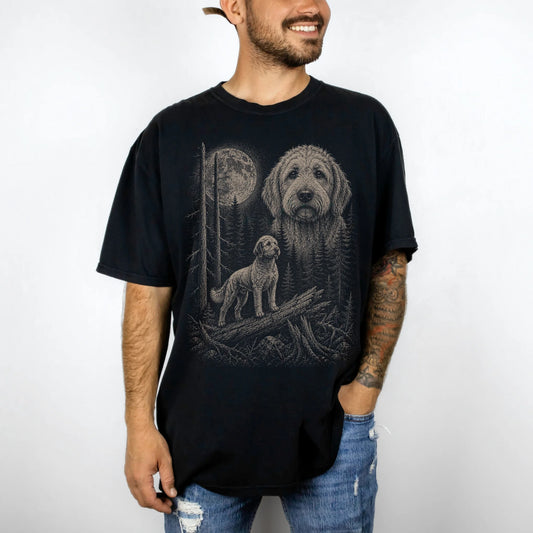 Man wearing a Black Goldendoodle Moonlit Forest T-Shirt