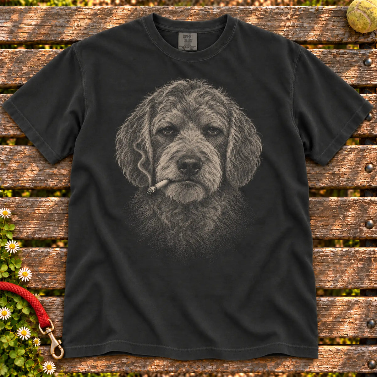 Goldendoodle smoking design on a Black t-shirt