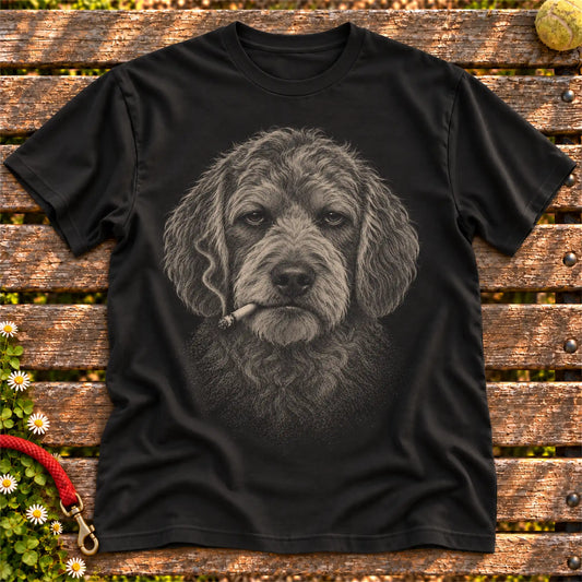 Goldendoodle smoking design on a Black t-shirt