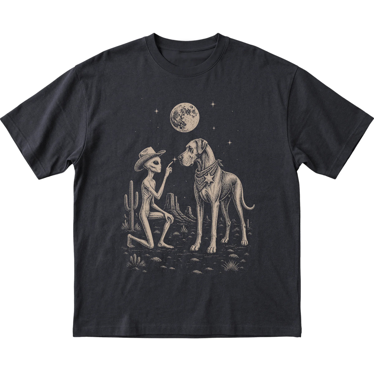 Black T-shirt featuring Great Dane Cowboy and Alien, laid-flat presentation