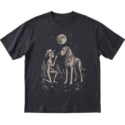 Black T-shirt featuring Great Dane Cowboy and Alien, laid-flat presentation