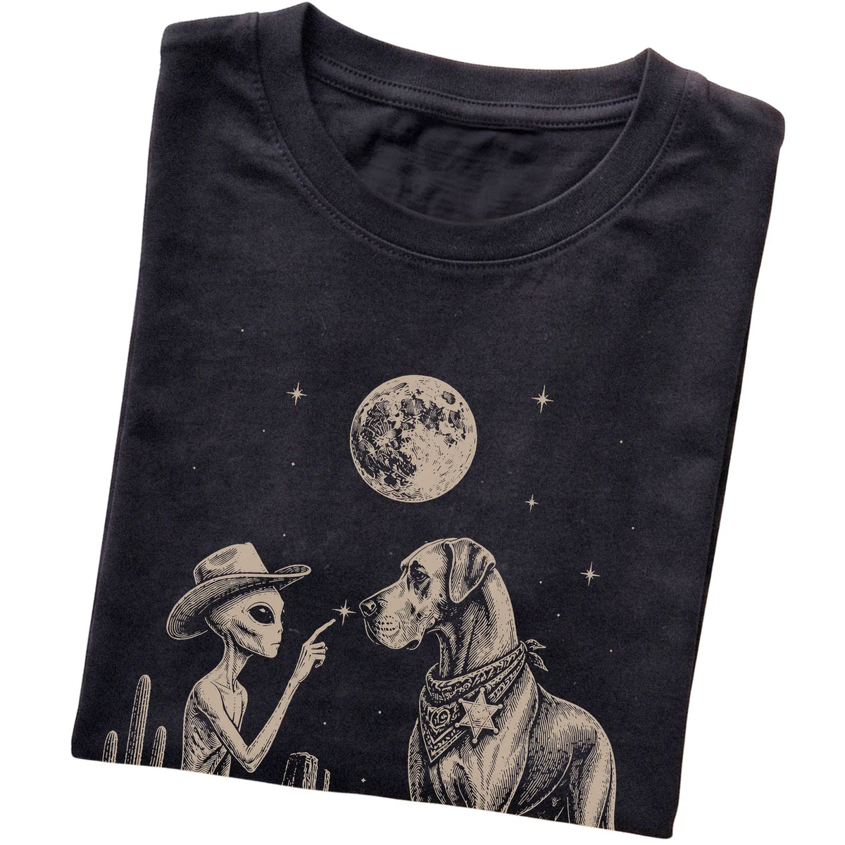 Black T-shirt featuring Great Dane Cowboy and Alien, folded presentation