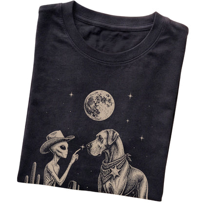 Black T-shirt featuring Great Dane Cowboy and Alien, folded presentation