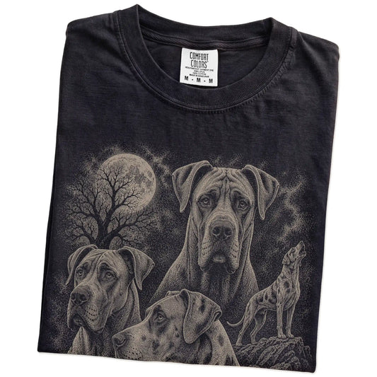 Folded Black Comfort Colors® T-shirt showing a vintage moon montage featuring Great Dane