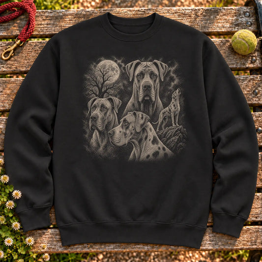 Great Dane 90s Moon design on a Black crewneck sweatshirt shown flat