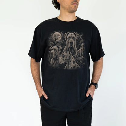 Model wearing a Black Comfort Colors® T-shirt with a vintage moon montage featuring Great Dane
