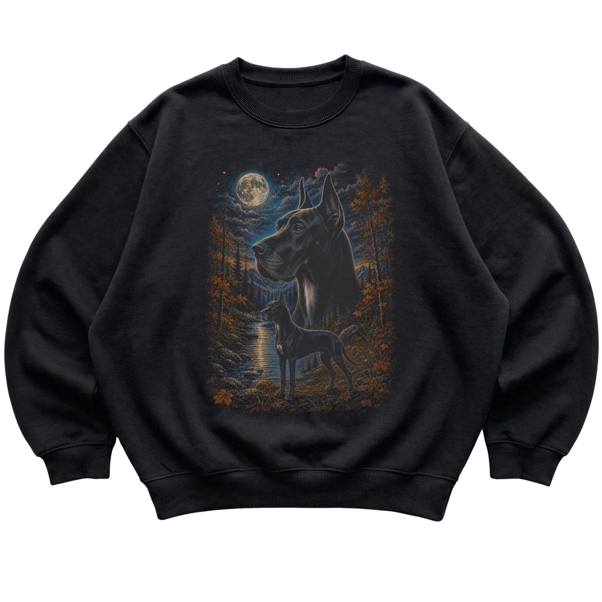 black sweatshirt with Great Dane Autumn Moon artwork.