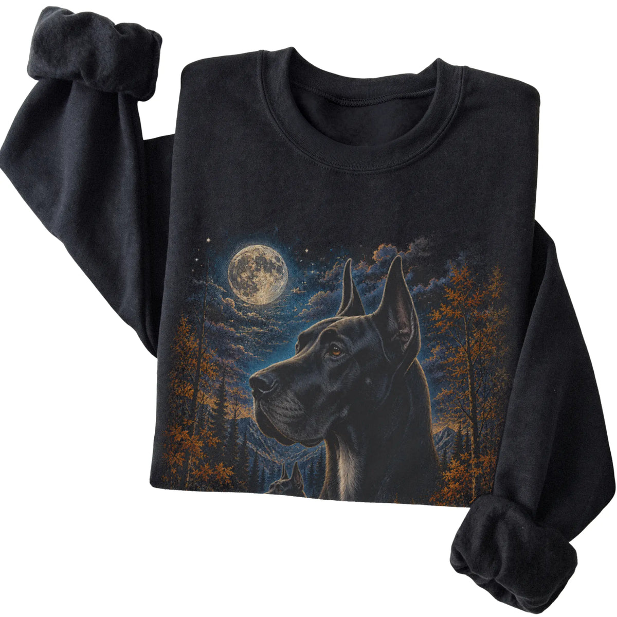 Folded black sweatshirt with Great Dane Autumn Moon artwork.