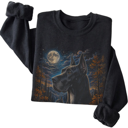 Folded black sweatshirt with Great Dane Autumn Moon artwork.