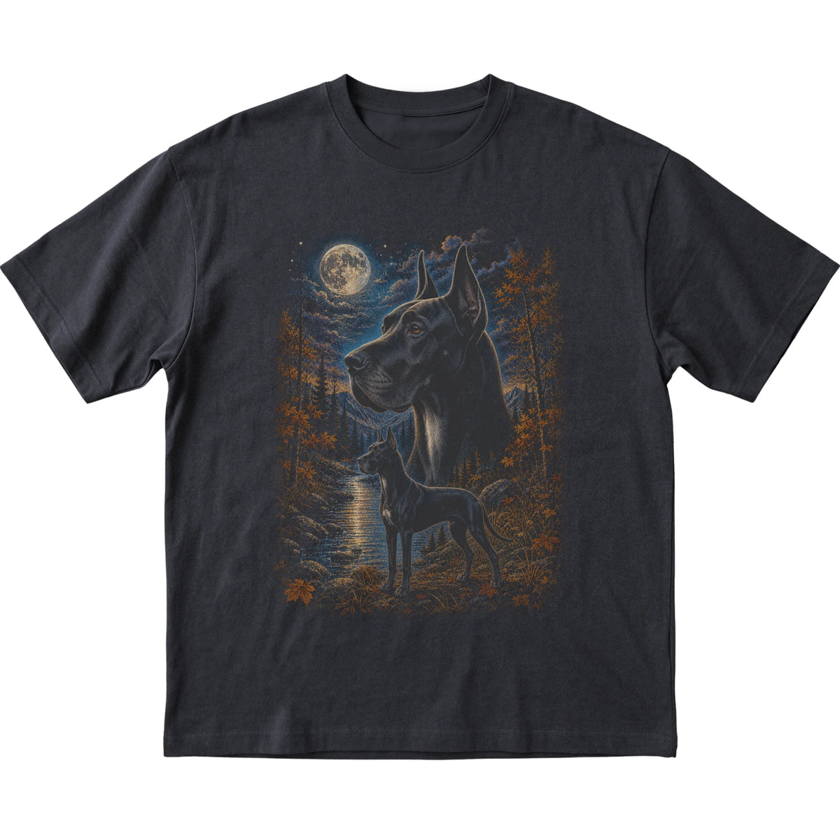 black T-shirt with Great Dane Autumn Moon artwork.