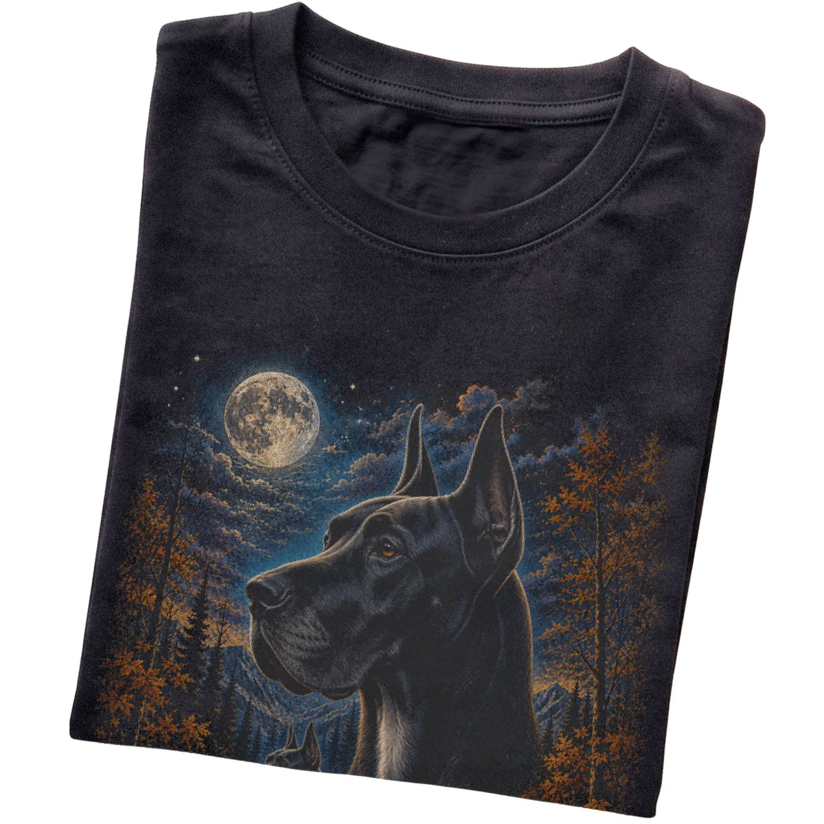 Folded black T-shirt with Great Dane Autumn Moon artwork.