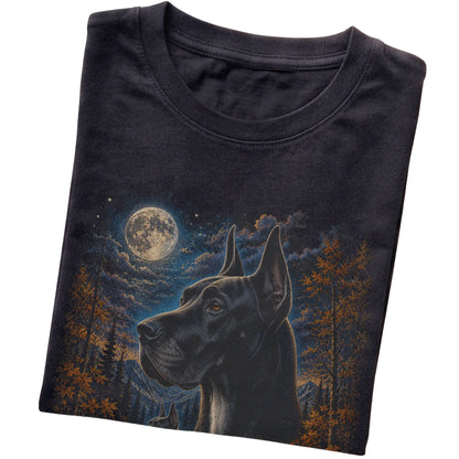 Folded black T-shirt with Great Dane Autumn Moon artwork.
