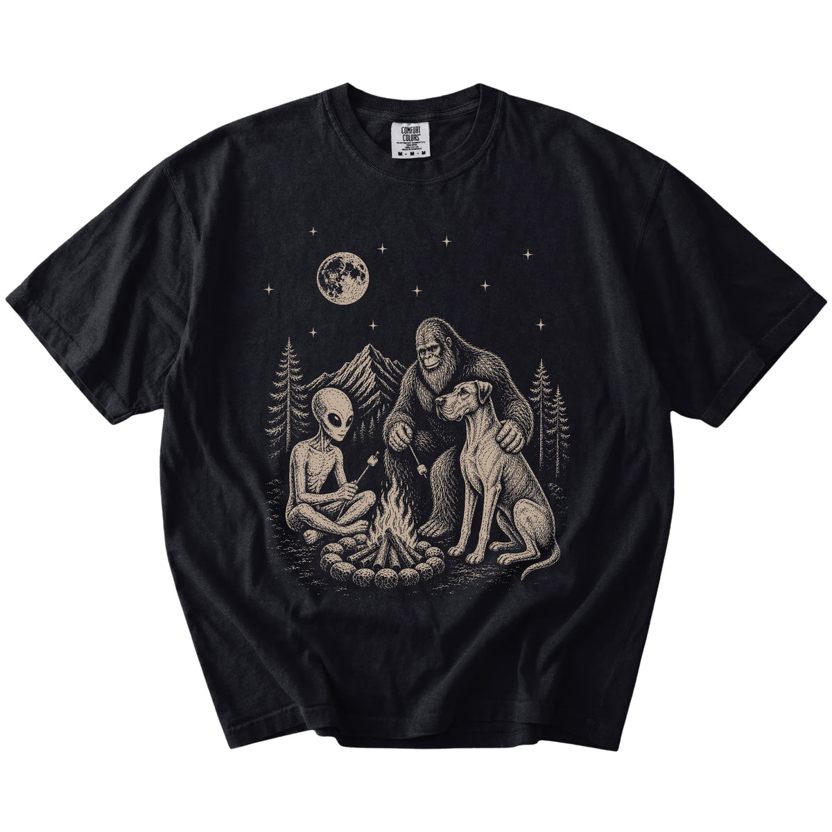 Great Dane camping with Bigfoot and an alien on a Black Comfort Colors® T-shirt