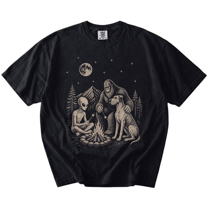 Great Dane camping with Bigfoot and an alien on a Black Comfort Colors® T-shirt