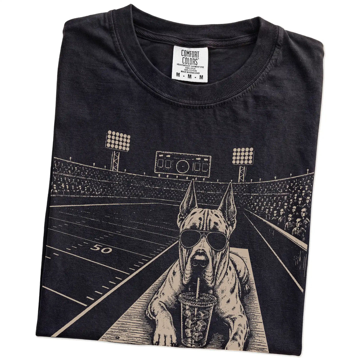 Folded Black Comfort Colors® T-shirt showing Great Dane ready for football and tailgate season