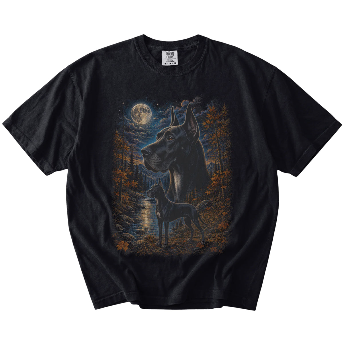 Great Dane in a moonlit fall forest scene on a Black Comfort Colors® t-shirt