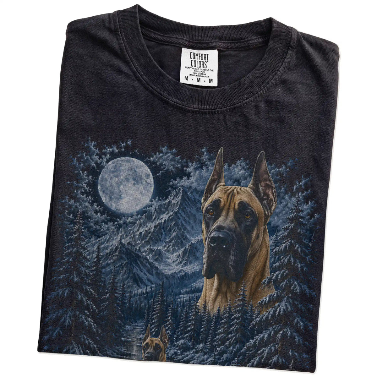 Folded Black Great Dane winter forest t-shirt
