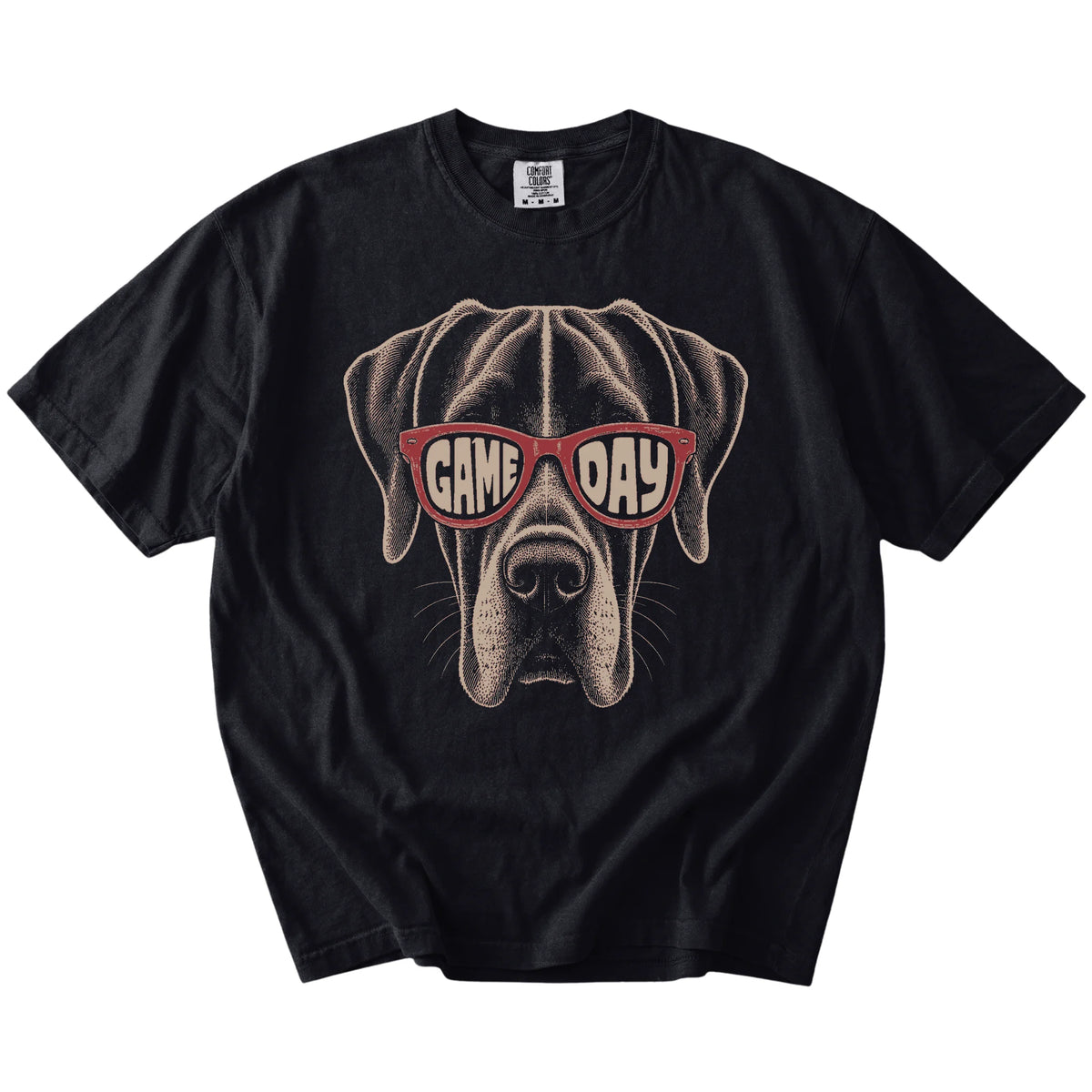 Great Dane wearing red Game Day sunglasses on a Black Comfort Colors® T-shirt