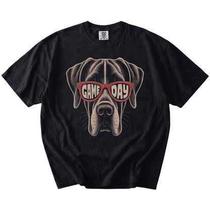 Great Dane wearing red Game Day sunglasses on a Black Comfort Colors® T-shirt