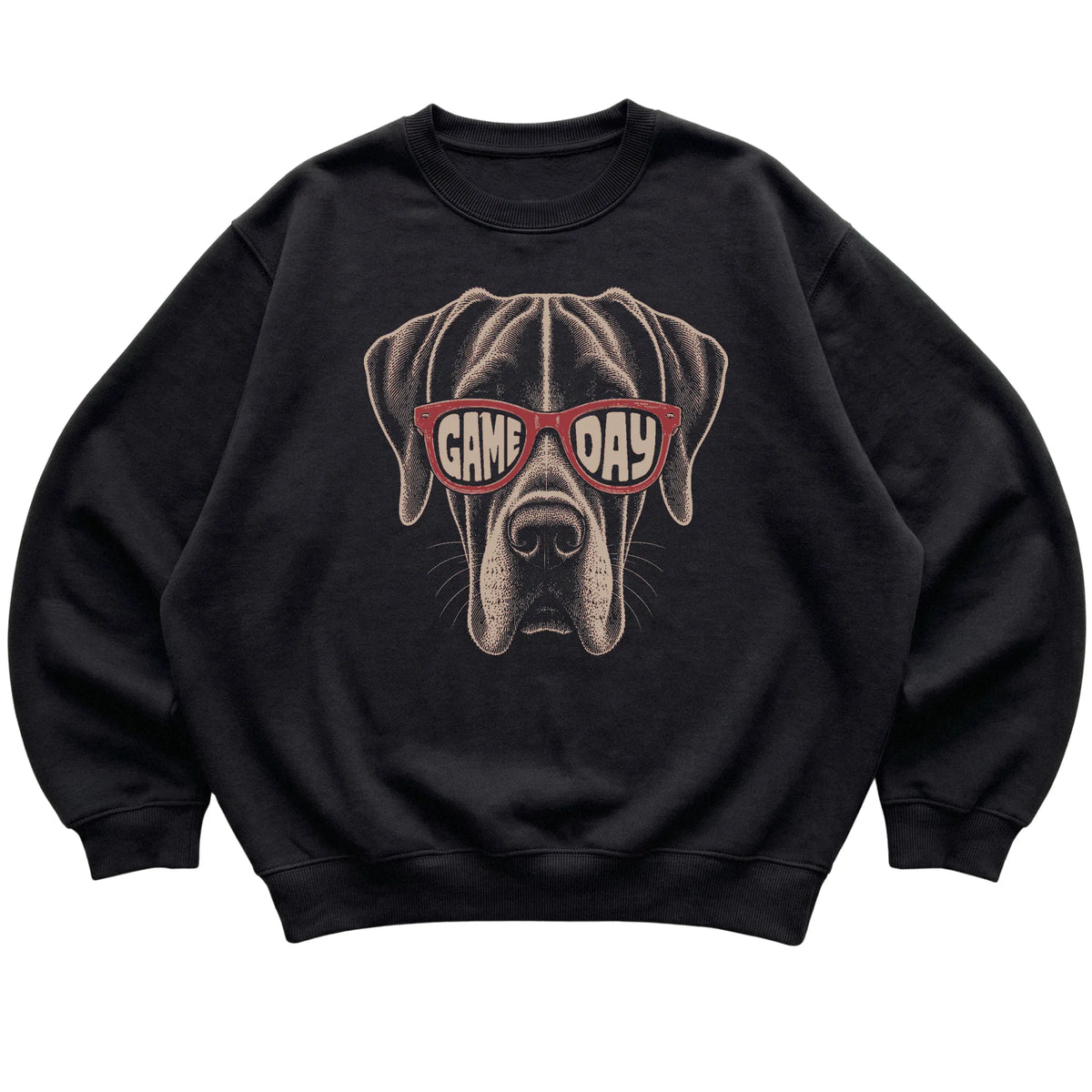 Black Great Dane Game Day Sunglasses sweatshirt, laid flat
