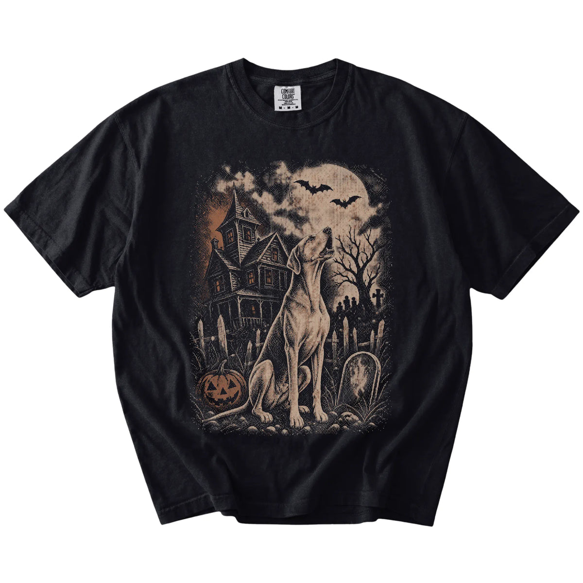 Great Dane in a vintage haunted-house scene on a Black Comfort Colors® T-shirt