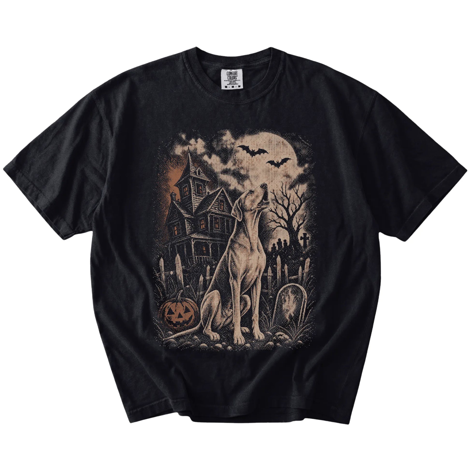 Great Dane in a vintage haunted-house scene on a Black Comfort Colors® T-shirt