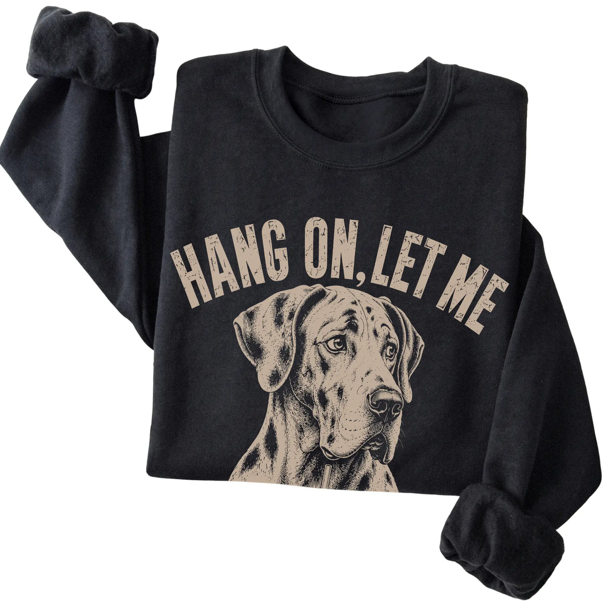 Black crewneck sweatshirt featuring Overthinking Great Dane, folded presentation