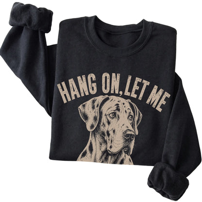 Black crewneck sweatshirt featuring Overthinking Great Dane, folded presentation