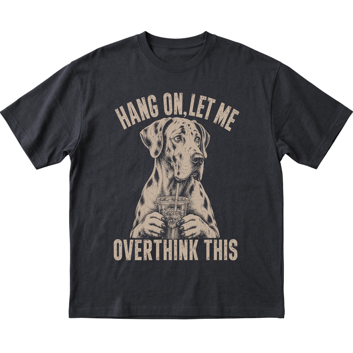 Black T-shirt featuring Overthinking Great Dane, laid-flat presentation