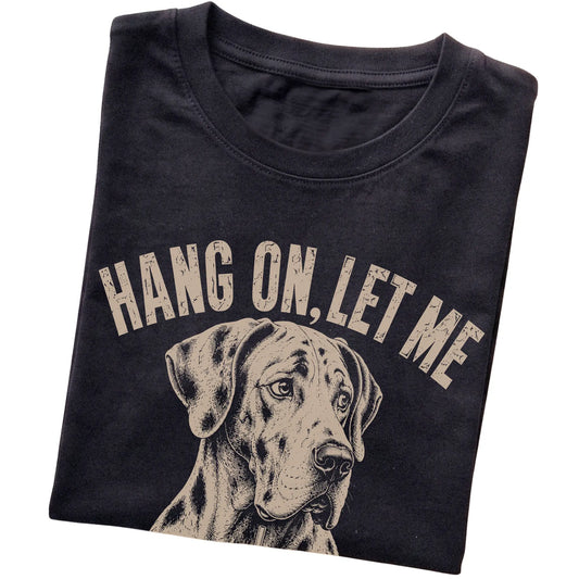 Black T-shirt featuring Overthinking Great Dane, folded presentation