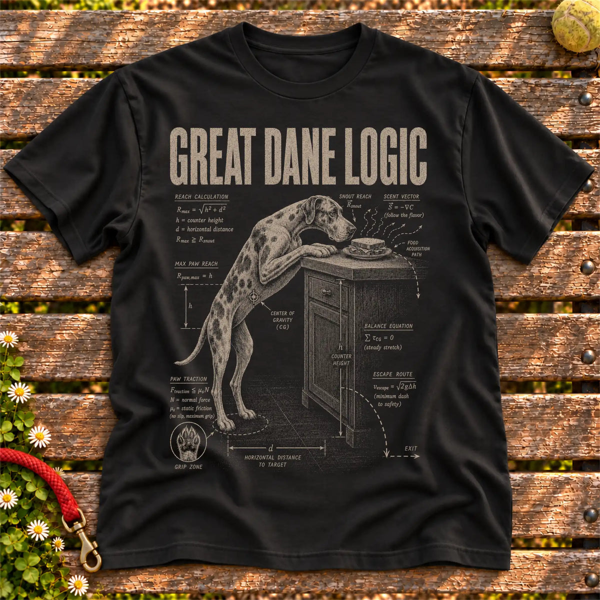 Great Dane Logic on a Black T-shirt, shown flat