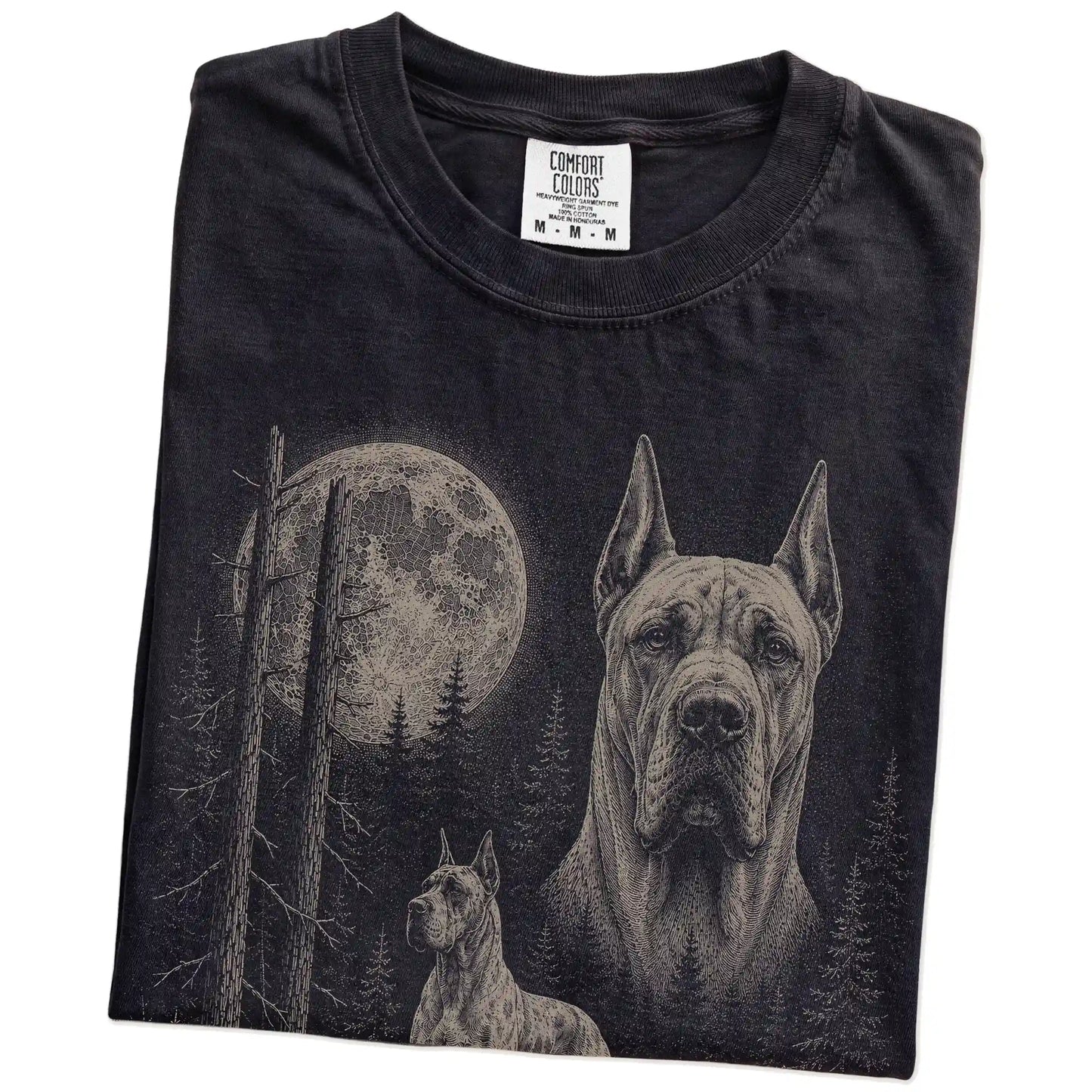 Folded Black Great Dane Moonlit Forest T-Shirt showing the graphic
