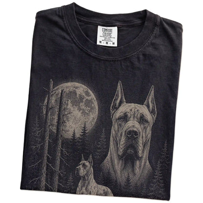 Folded Black Great Dane Moonlit Forest T-Shirt showing the graphic
